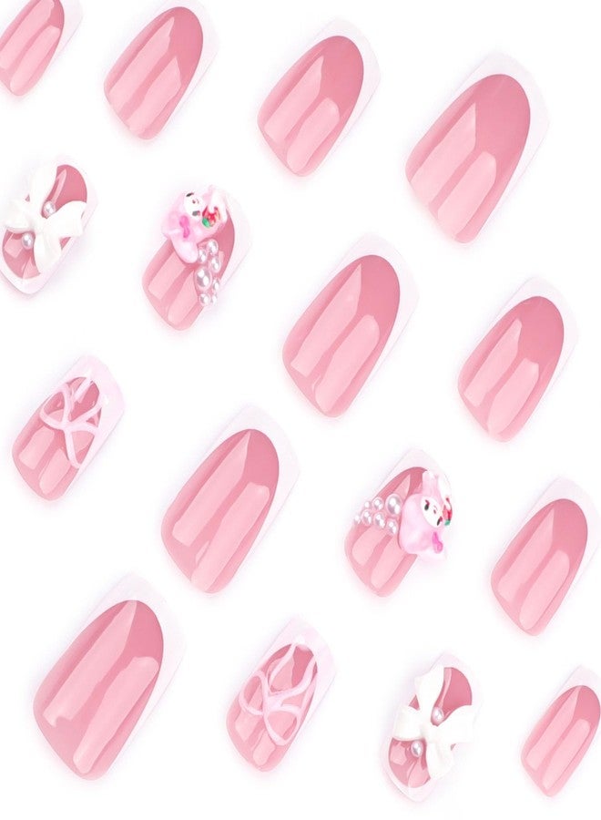 YKZFUI White French Tip Press on Nails Short with Charms Bow Pearl Design, Pink French Nails Press ons Cute False Nails Short Square Nail Art Full Cover Stick on Nails for Women Manicure Decorations 24Pcs - Image 3